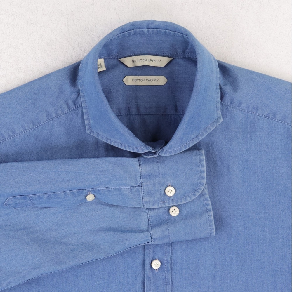 Suitsupply Chambray Dress Shirt Mens 14.5 - 37 Blue Cotton Two Ply Spread Collar